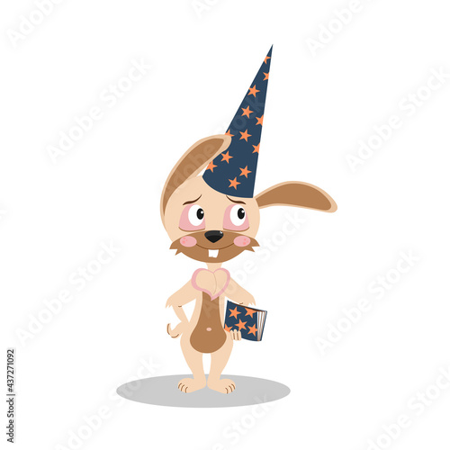A wizard rabbit in astrologer that holds in his hand a magic fortune-telling book.