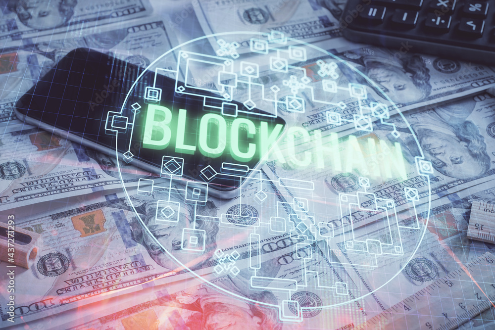 Fototapeta premium Multi exposure of crypto theme drawing over us dollars bill background. Concept of blockchain success.