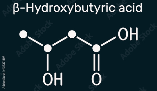 Beta-Hydroxybutyric acid, 3-hydroxybutyric acid molecule. It is beta hydroxy acid, is precursor to polyesters, biodegradable plastics. Dark blue background.