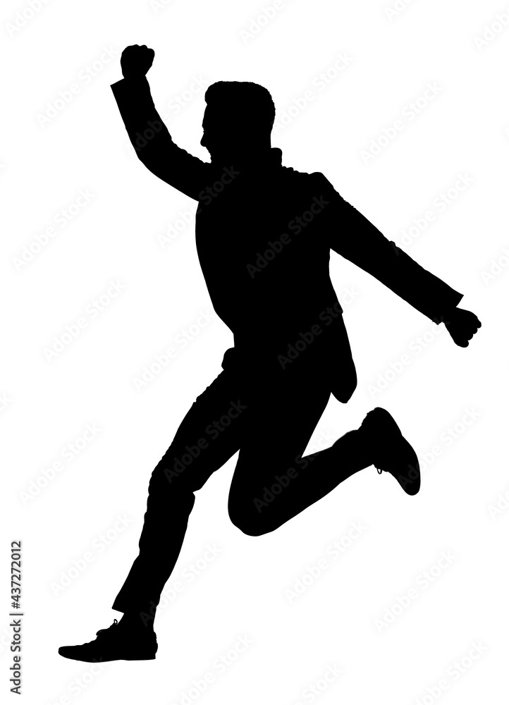 Young successful manager jumping in the air silhouette isolated