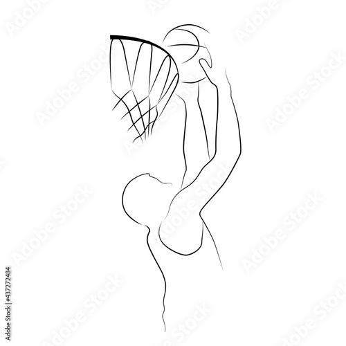 Abstract silhouette of a basketball player on white background. Line art. Basketball player dunking the ball.