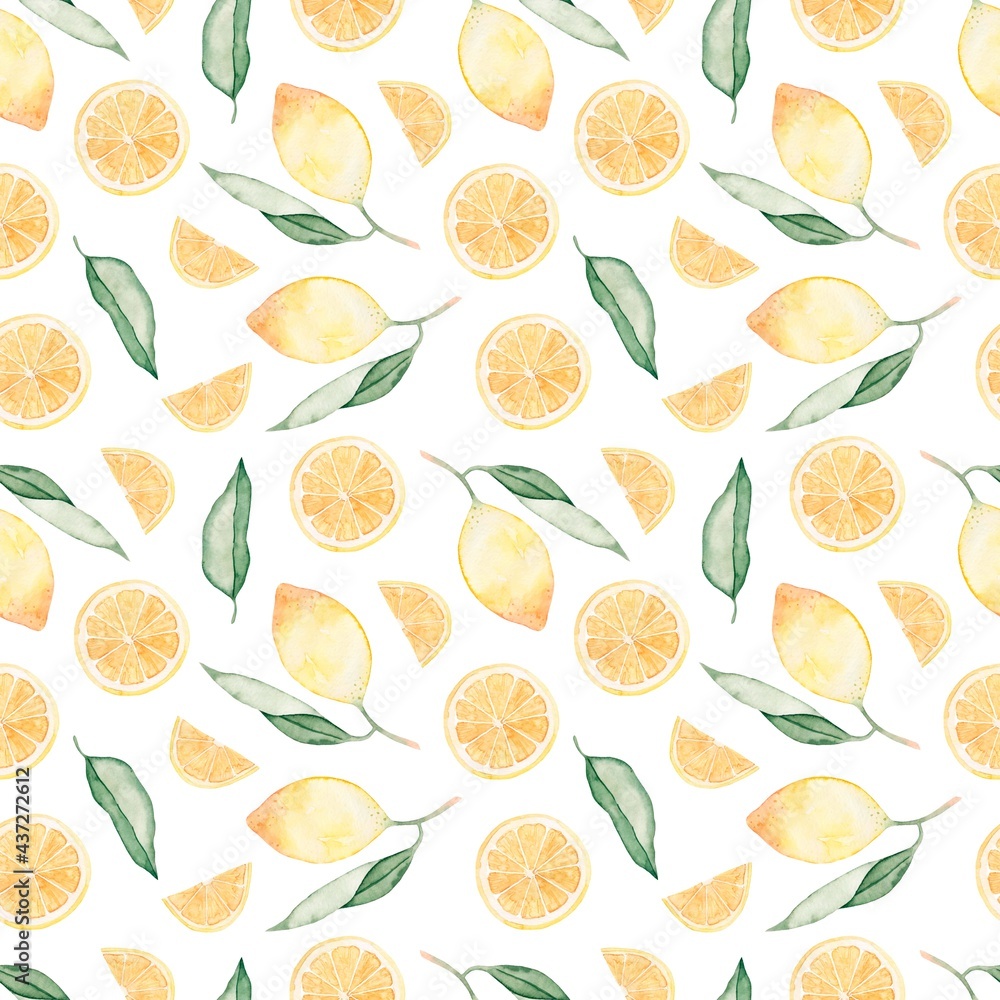Seamless watercolor pattern with lemons and leaves. Slices of tropical citrus fruit.