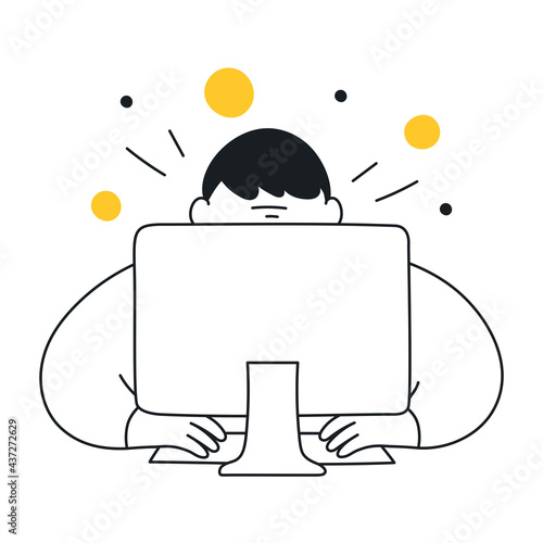 Working busy tense and absorbed in office man leaned behind the computer monitor, he is almost invisible. Hard work, overtime, routine, complexity tasks. Thin line vector illustration on white.