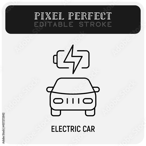 Electric car is charging. Thin line icon. Eco transport. Electromobile. Pixel perfect, editable stroke. Vector illustration.