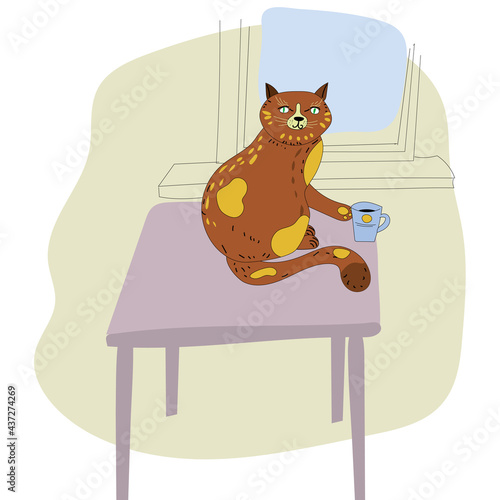 Cute red cat throwing coffee or tea cup off table. Funny cat breaking things vector illustration, cartoon style line art