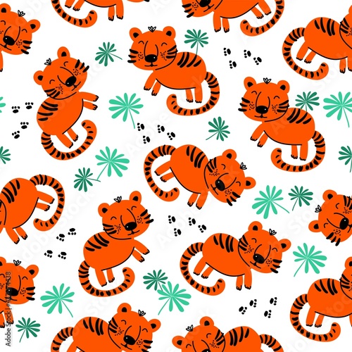 Seamless pattern with tigers. Cartoon tigers for textiles  wallpaper. Vector hand-drawn tiger background 