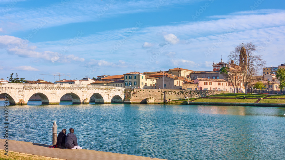 Rimini in Italy with the Bridge of Tiberius and the Old town