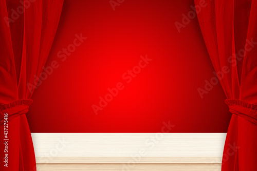 Red curtains with wood table on a red background