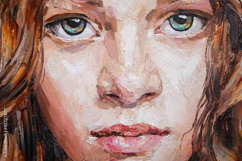 Fototapeta Naklejka Na Ścianę i Meble -  Close-up portrait of a red-haired girl. A woman with a large head of curly hair. Oil painting on canvas.