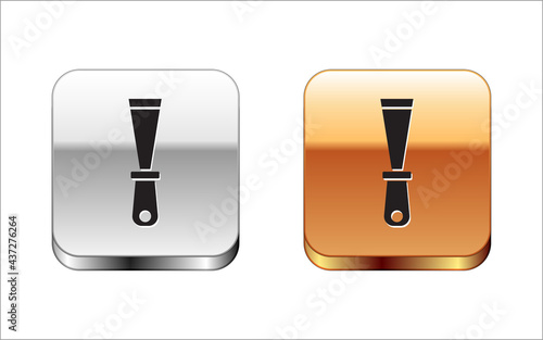 Black Putty knife icon isolated on white background. Spatula repair tool. Spackling or paint instruments. Silver-gold square button. Vector