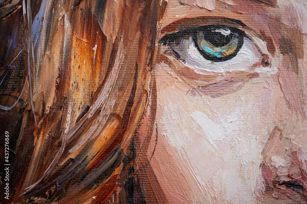 Female blue eye close up. Fragment of art painting. The art is done in a realistic manner.