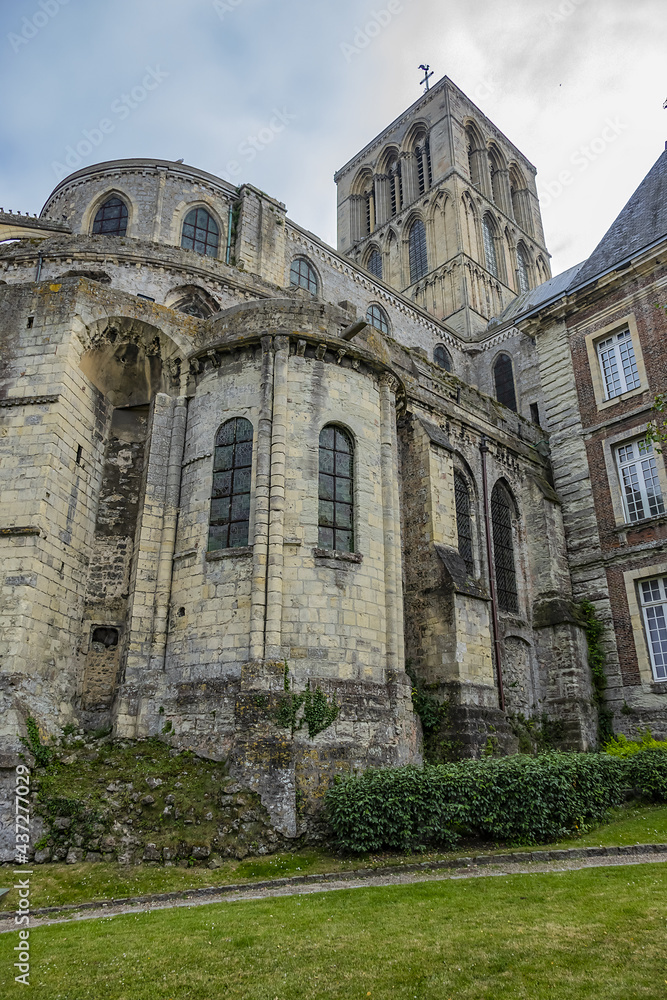 Architectural fragments of Fecamp Abbey. Fecamp Abbey (Abbaye de la Trinite de Fecamp) founded in 658 for nuns. Fecamp, department of Seine-Maritime, Haute-Normandie region, France. 