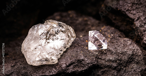 diamond cut in rough diamond in coal mine, concept of rare stone being mined, mineral wealth photo