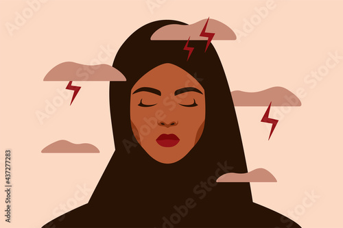 Sad Arabian woman feels anxiety and emotional stress. Depressed muslim girl experiences mental health issues. Concept of psychological problem. Vector illustration.