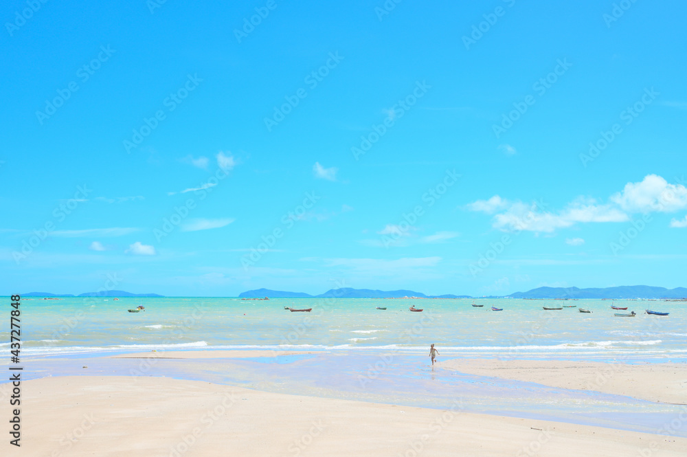 Seascape with white beach, Landscape summer beach background, with the sunny sky at the sea in Thailand