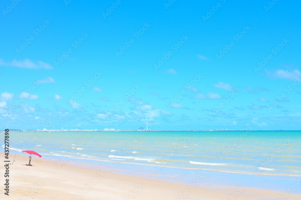 Seascape with white beach, Landscape summer beach background, with the sunny sky at the sea in Thailand