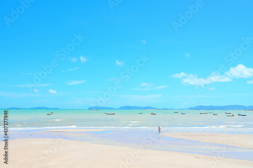 Seascape with white beach, Landscape summer beach background, with the sunny sky at the sea in Thailand