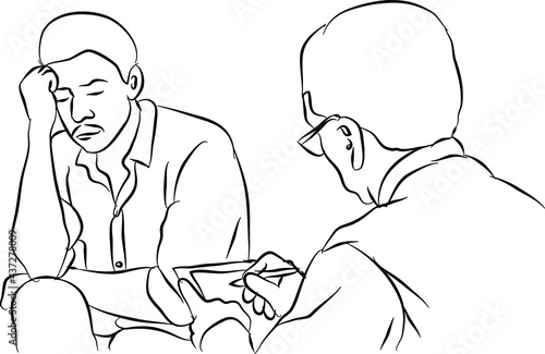 A patient or person talking to a Doctor or Physiologist and examine and write a prescription. Doodle style line art drawing  