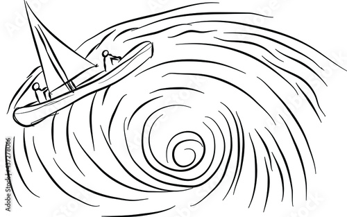 Boat in a whirlpool sailing in the sea, doodle style line art vector illustration 