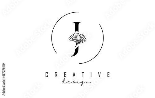 Letter J logo design with uppercase, leaf detail and circle frame. Vector Illustration with Botanical elements.