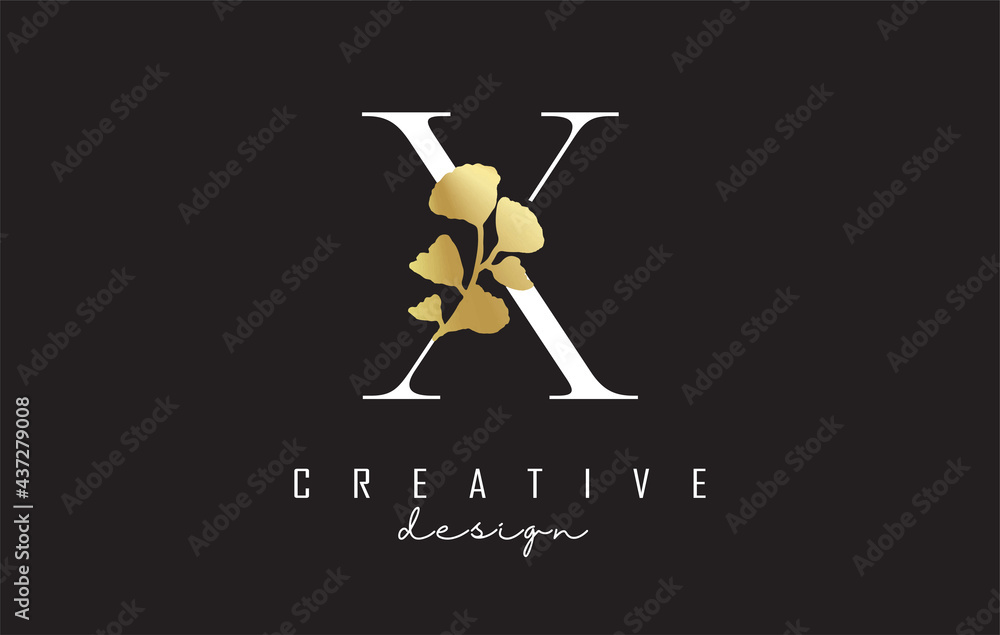 Creative white X Letter logo design with golden leaves. Vector Illustration with with Botanical elements. Nature vector template design concept with X letter.