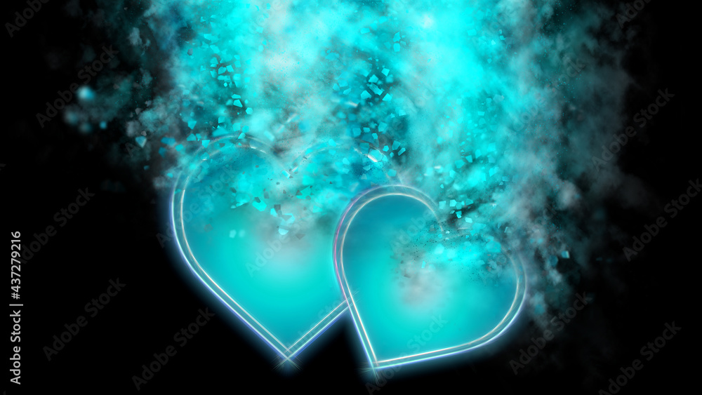Dark background with two exploding blue hearts