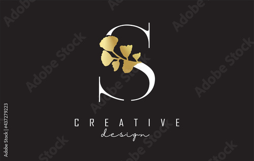 Creative white S Letter logo design with golden leaves. Vector Illustration with with Botanical elements. Nature vector template design concept with S letter.