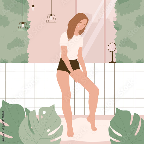 The crying woman looks at herself, checking if she has lost weight. Anorexia, body shaming dysmorphophobia, self hate, dissatisfaction with appearance concept. Isolated flat vector illustration. 