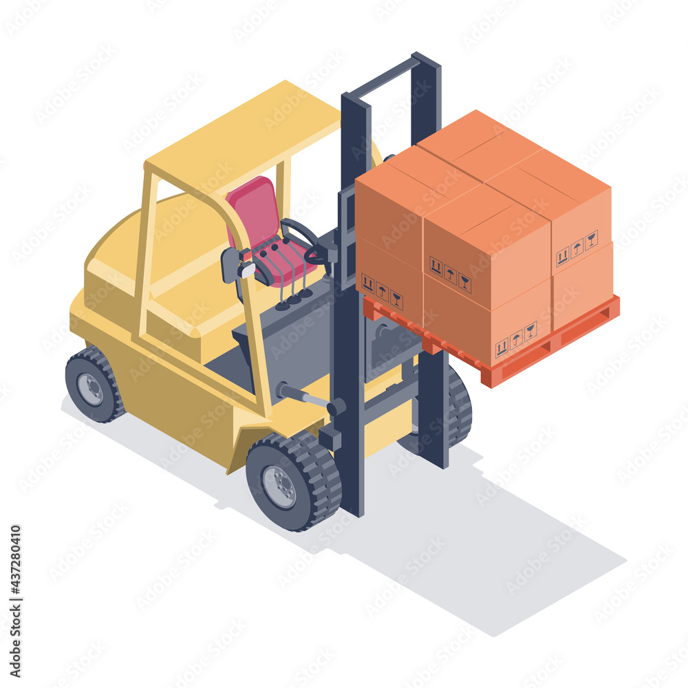 Forklift with raised boxes. Isometric 3d vector illustration in flat style on a white background.
