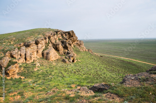 Sandstone of Mount Bogdo in the steppe in the Astrakhan region  Caspian lowland . Mount Bogdo Is a nature reserve and is protected by the state.
