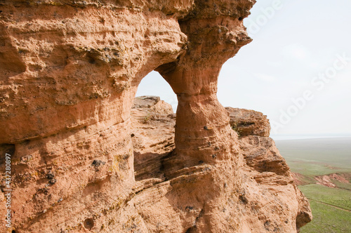 Sandstone of Mount Bogdo in the steppe in the Astrakhan region (Caspian lowland). Mount Bogdo Is a nature reserve and is protected by the state.