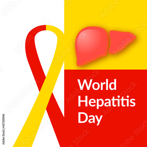 World hepatitis day. Liver. Hepatic disorder (cirrhosis, hepatic cancer, hepatitis). Red yellow ribbon. Medical vector illustration. Health care
