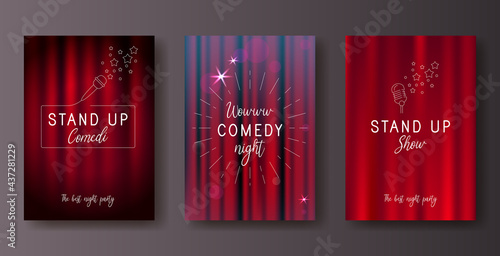 Set of Stand up banners. Red curtains stage, theater background. Festival night show banner. Microphone and stars. Stand up comedy stage
