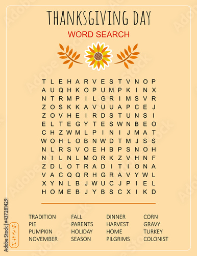Thanksgiving Day word search puzzle. Logic game for learning English words. Holiday festive crossword. Printable activity sheet. Vector illustration. Worksheet about autumn 