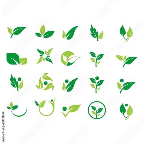 Leaf plant logo, nature ecology green leaves and wellness people, beauty spa, symbol icon set of vector designs
