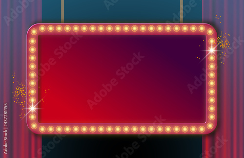 Theater stage. Red curtains stage, theater or opera background with spotlight. Festival night show banner. Rectangular retro frame with glowing lamps. Vector illustration with shining lights