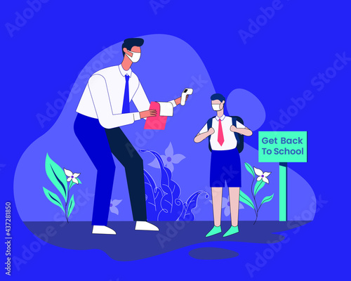 Back to school after lockdown illustration, new normal education with social distancing vector concept