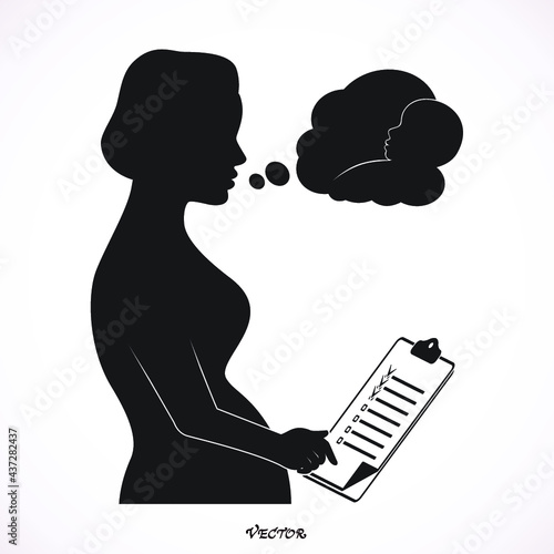 Pregnant woman looking at report. Vector illustration. Icon Isolated on White Background.