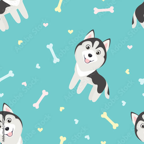 Cute puppy and bones seamless pattern. Vector cartoon flat illustration of husky dog. Baby pattern with funny pet.