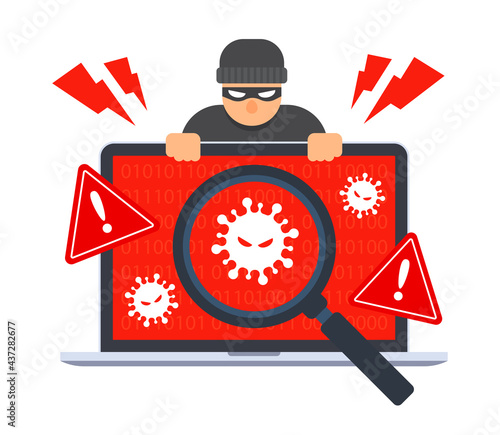 Computer virus detection icon. System error warning on a laptop. Emergency alert. Scanning for malware, virus, or scam with a magnifying glass. Antivirus concept. Trendy flat style illustration. 