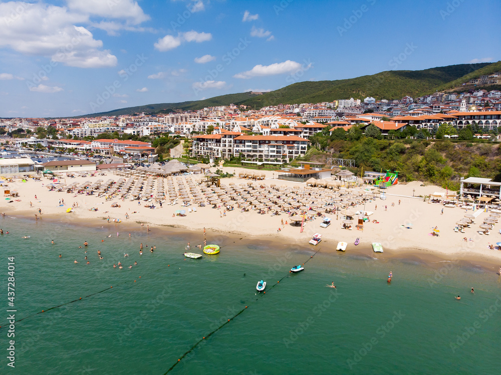 Panoramic view of resort in Sveti Vlas in Bulgaria. Summer holiday in Europe. From above view of beach in Sveti Vlas with sunbeds. Aerial photography, drone view.