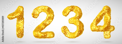 Set of golden 3D numbers. Shiny realistic gold nuggets in shape of numbers one, two, three, four with shadows. Golden set for luxury, wealth and richness concepts, part 1 of 3. Vector illustration.