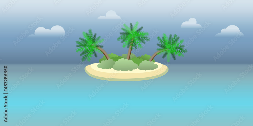 palm trees on the island on a blue background. landscape of palm tree on beach at noon under blue sky background. island paradise. blue ocean background. 