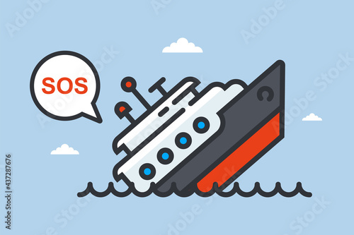 a sinking ship asks for help. flat vector illustration.
