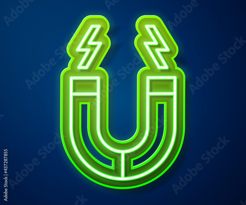 Glowing neon line Magnet icon isolated on blue background. Horseshoe magnet, magnetism, magnetize, attraction. Vector