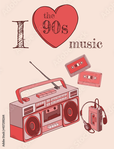 collection of 90s music objects in bright orange colours