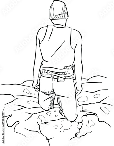 A person stuck in deep mud and trying to escape doodle style line art vector illustration
