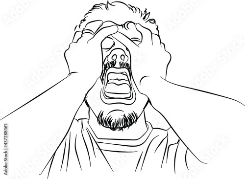 Headache. Fatigue or migraine. Upset man put his hand to his head. A depressed person with problems. Doodle style line art drawing. 