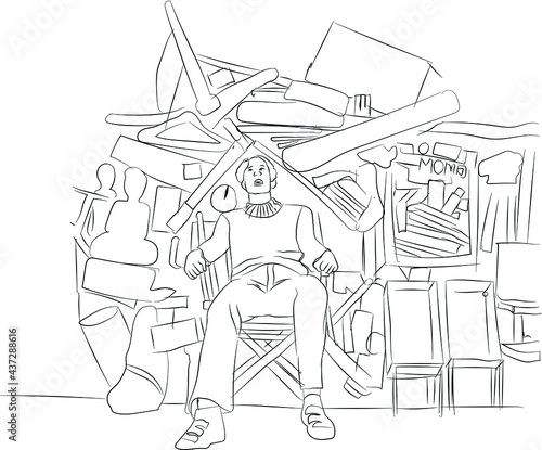 Someone surrounded by clutter, lot of items, too much stuff, stressed person doodle style line art illustration. 