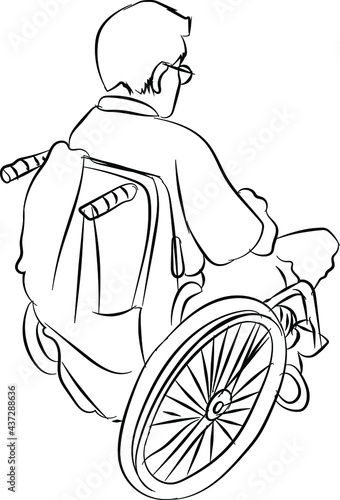 Back side of lonely man is sitting on wheelchair and looking at the distant dry autumn doodle style vector illustration. Vector line art concept for entry,lonely,forlorn,desolate, lonesome.